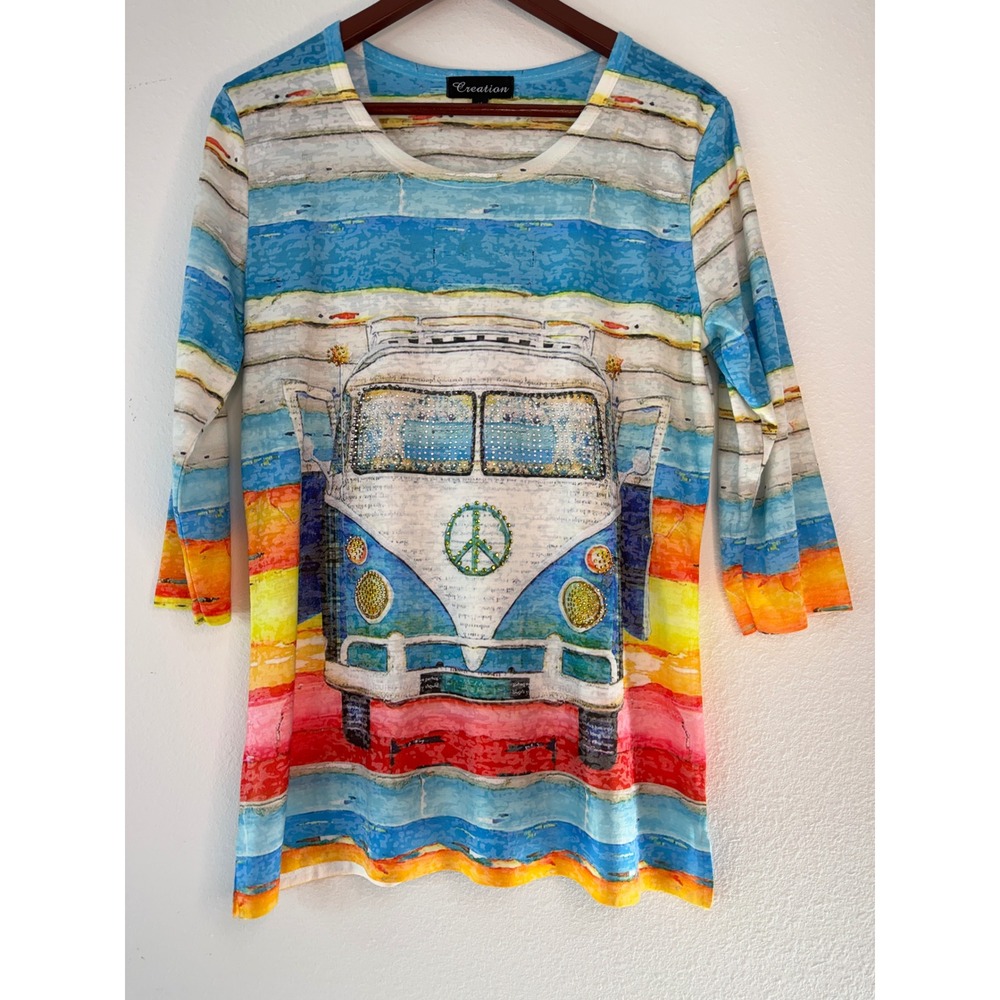 Creation Boho Hippie Van Tunic Top Womens Medium Vacation Festival Rhinestones